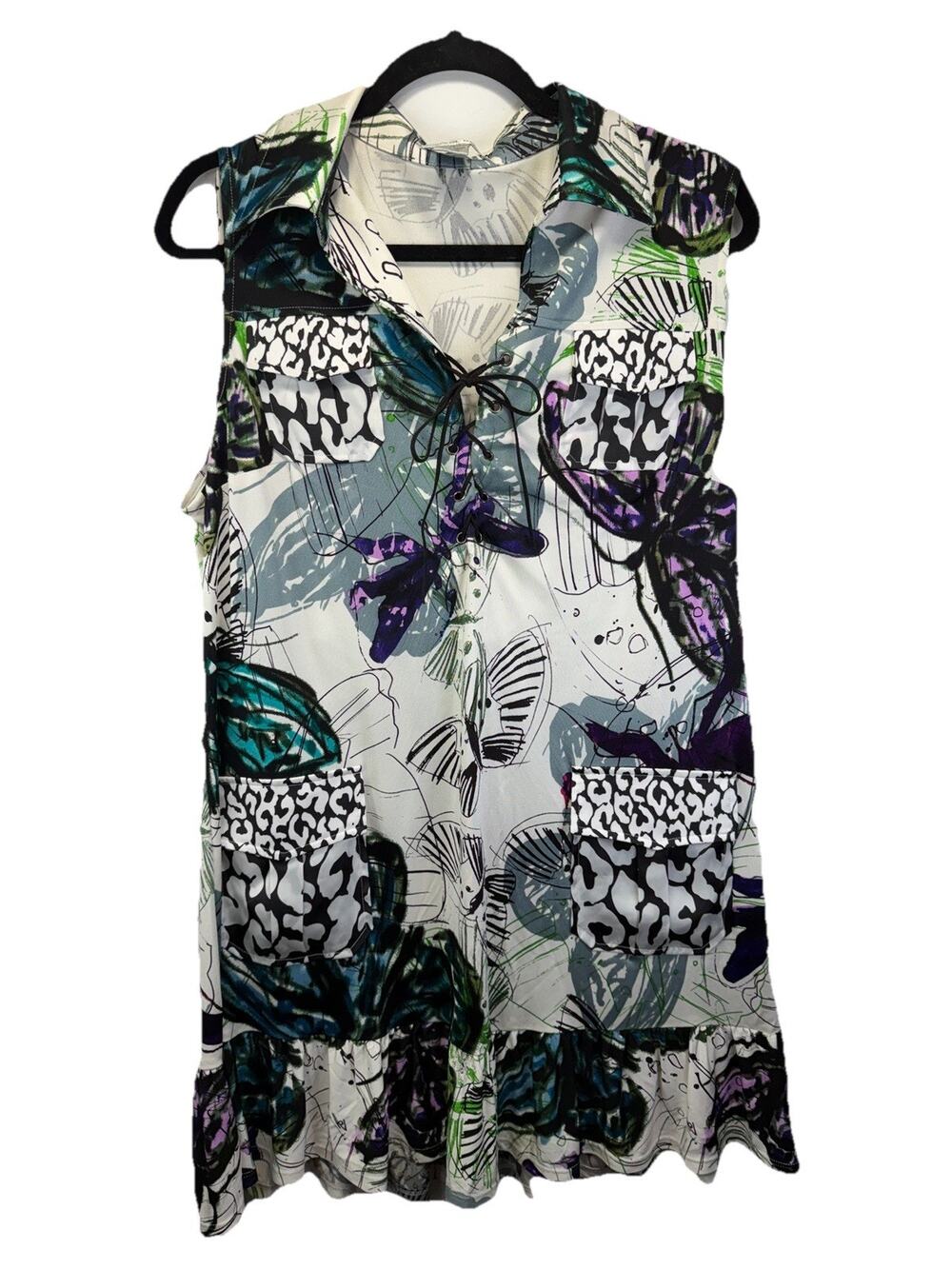 Alberto Makali Butterfly Print Mini Tunic 90 % Silk Dress Sz 14 Lace Up Bodice